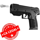 Black Byrna LE Kinetic Non-Lethal CA Legal Projectile Gun firing a projectile, with a red ‘CA Legal’ approval badge