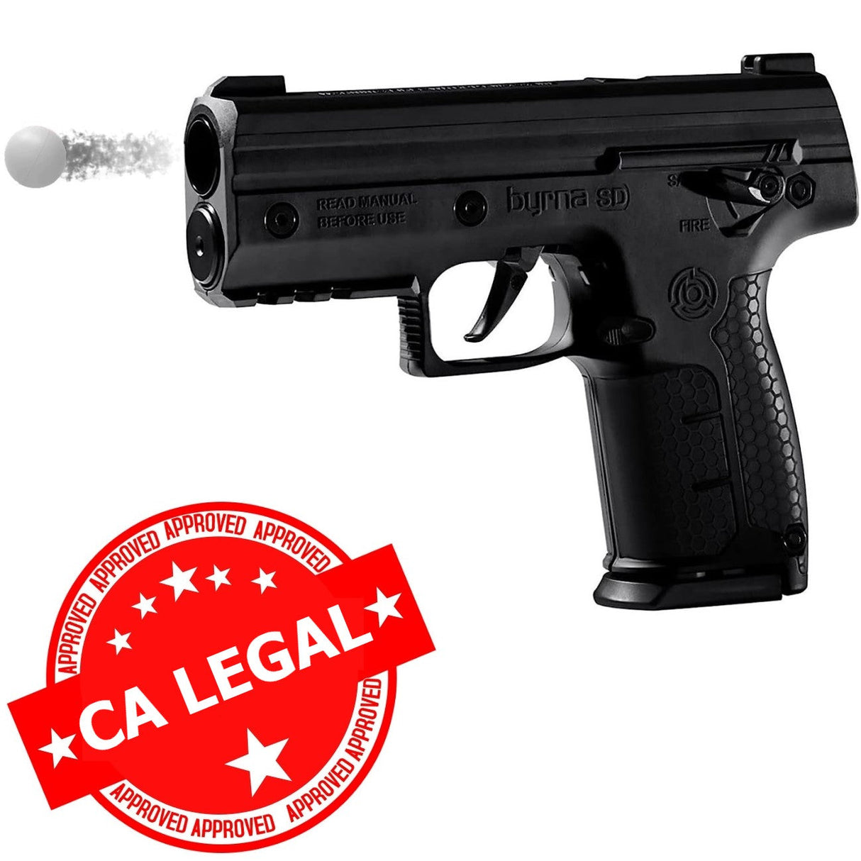 A black Byrna SD Kinetic Non-Lethal CA Legal Projectile Gun with 'CA LEGAL' stamp