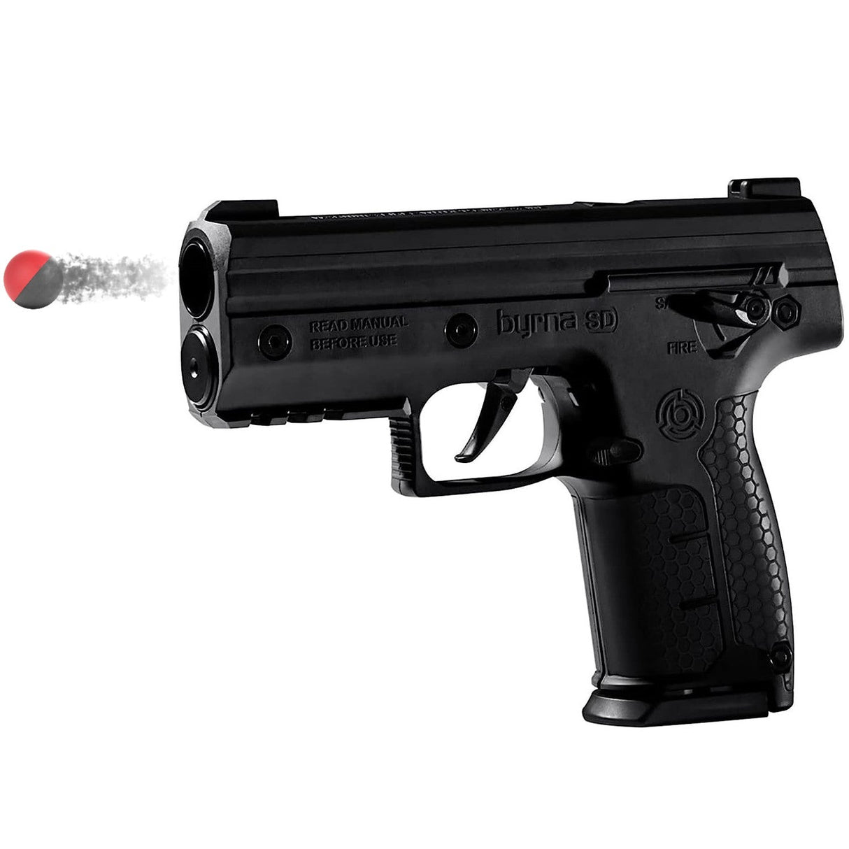 A black Byrna SD Pepper Non-Lethal Self-Defense Projectile Gun firing a pepper projectile