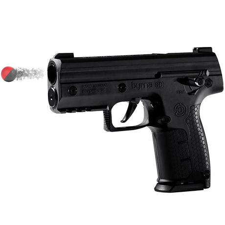 A black Byrna SD Pepper Non-Lethal Self-Defense Projectile Gun firing a pepper projectile