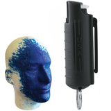 A Black keychain pepper spray alongside a mannequin head with blue dye markings.