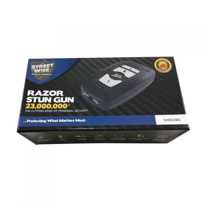 Black Fake Key Fob Mini Stun Gun Panic Alarm with grey buttons in packaging