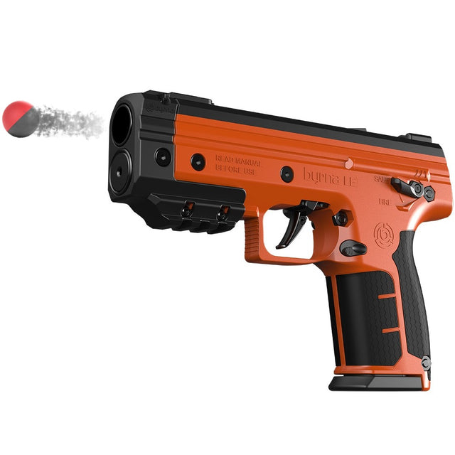 Black and Orange Byrna LE Pepper Non-Lethal Self-Defense Projectile Gun firing a projectile