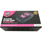 Black Fake Key Fob Mini Stun Gun Panic Alarm with pink buttons in packaging