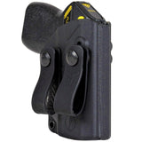 A black Blade-Tech IWB Kydex holster holding a Taser Pulse, shown with two belt clips