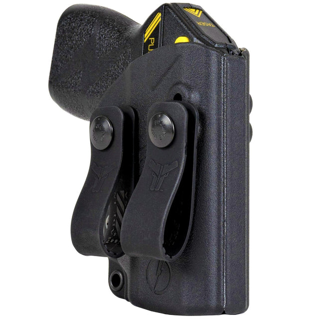 A black Blade-Tech IWB Kydex holster holding a Taser Pulse, shown with two belt clips
