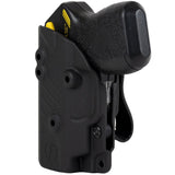 A black Blade-Tech IWB Kydex holster holding a Taser Pulse, shown with two belt clips