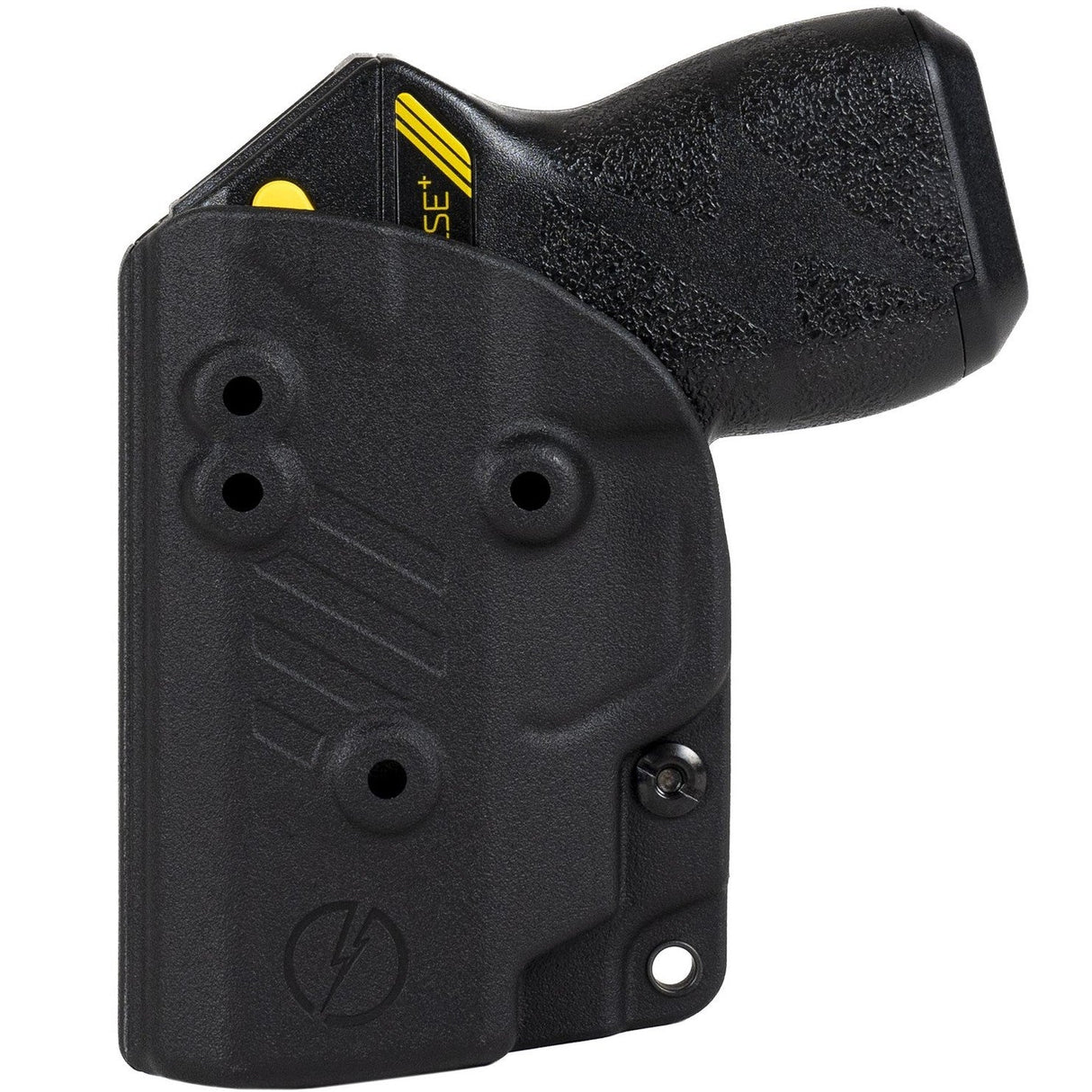 A black Blade-Tech IWB Kydex holster holding a Taser Pulse, shown with two belt clips