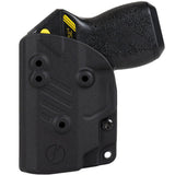 A black Blade-Tech IWB Kydex holster holding a Taser Pulse, shown with two belt clips
