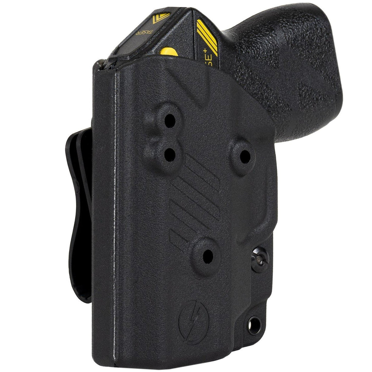 A black Blade-Tech IWB Kydex holster holding a Taser Pulse, shown with two belt clips