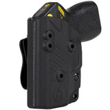 A black Blade-Tech IWB Kydex holster holding a Taser Pulse, shown with two belt clips