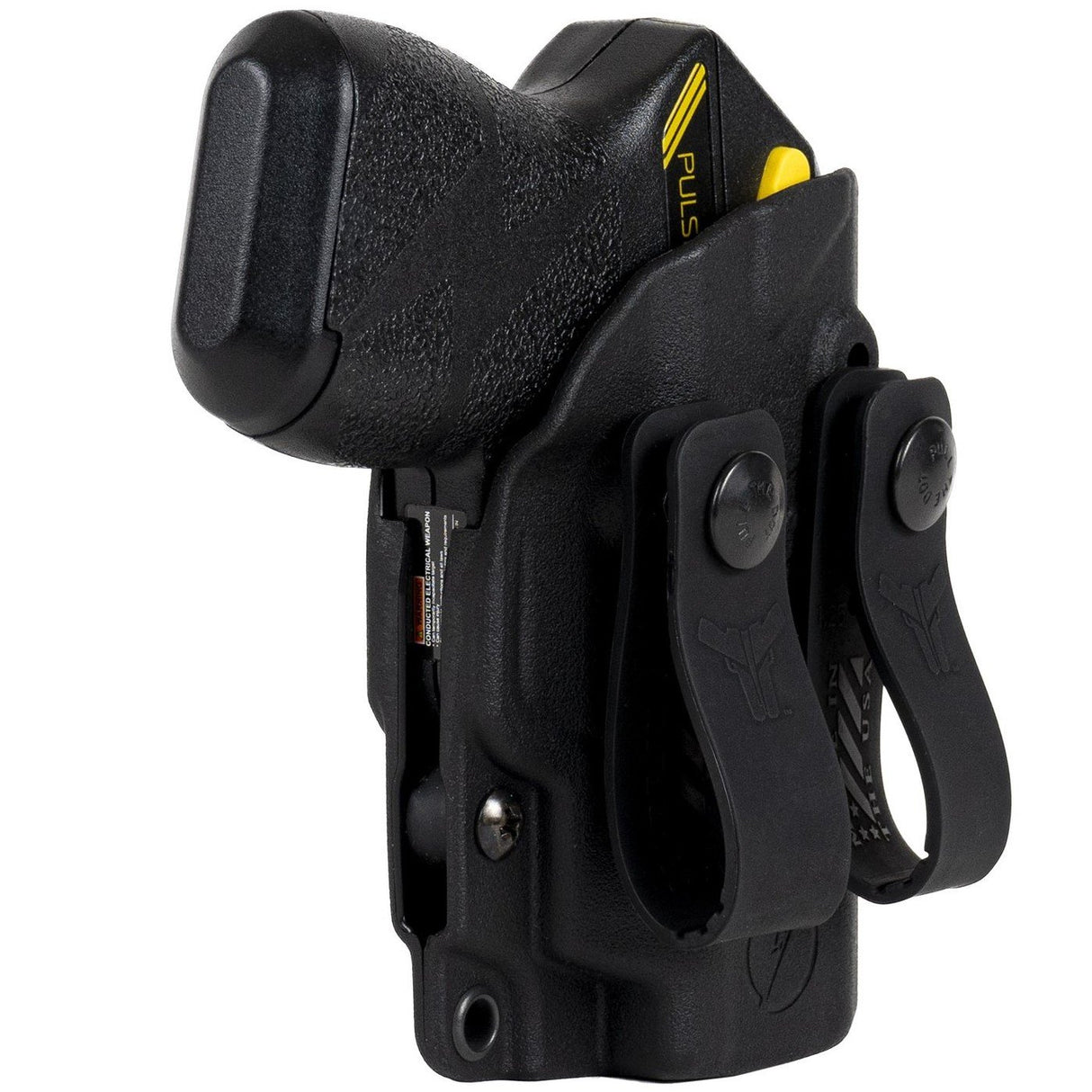 A black Blade-Tech IWB Kydex holster holding a Taser Pulse, shown with two belt clips