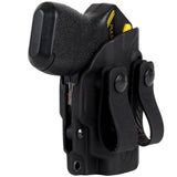 A black Blade-Tech IWB Kydex holster holding a Taser Pulse, shown with two belt clips
