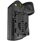Black Blade-Tech Kydex holster with an adjustable clip, holding a TASER Pulse stun gun