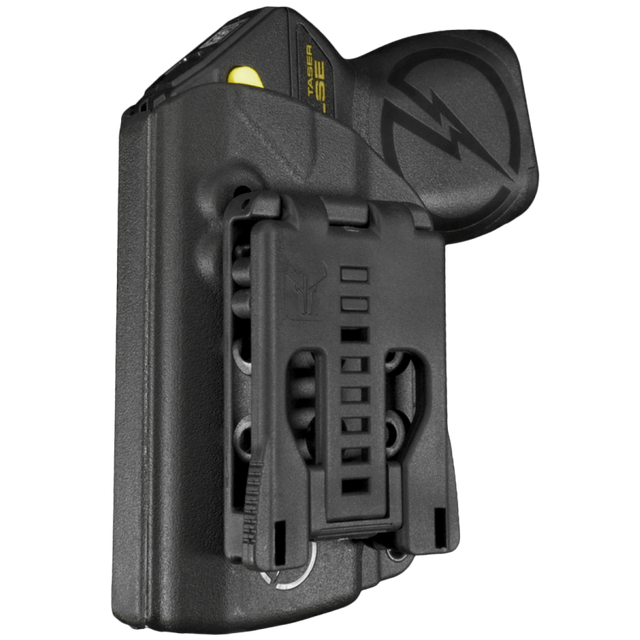 Black Blade-Tech Kydex holster with an adjustable clip, holding a TASER Pulse stun gun