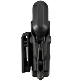 Black Blade-Tech Kydex holster with an adjustable clip, holding a TASER Pulse stun gun bottom view