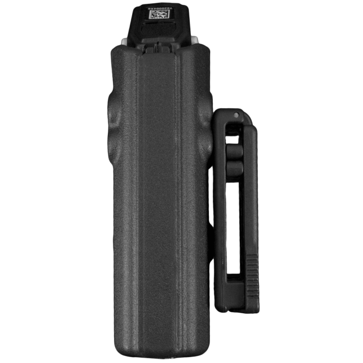 Black Blade-Tech Kydex holster with an adjustable clip, holding a TASER Pulse stun gun front view
