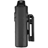 Black Blade-Tech Kydex holster with an adjustable clip, holding a TASER Pulse stun gun front view