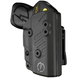 Black Blade-Tech Kydex holster with an adjustable clip, holding a TASER Pulse stun gun side view