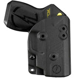 Black Blade-Tech Kydex holster with an adjustable clip, holding a TASER Pulse stun gun side view