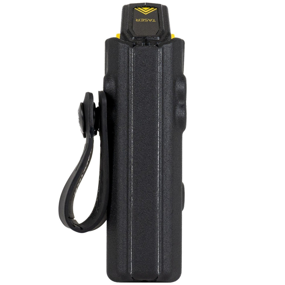 A black Blade-Tech IWB Kydex holster holding a Taser Pulse, shown with two belt clips