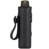 A black Blade-Tech IWB Kydex holster holding a Taser Pulse, shown with two belt clips