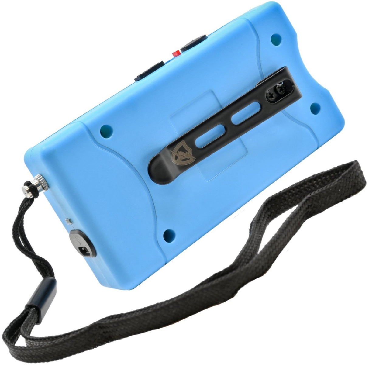 A backview of blue 98M JOLT Mini Rechargeable LED Triple Stun Gun with wrist strap and pocket clip showing