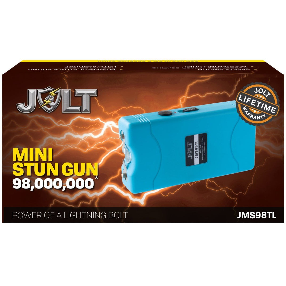 98M JOLT Mini Rechargeable LED Triple Stun Gun in a packaging