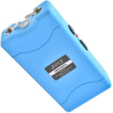 A close up view of blue 98M JOLT Mini Rechargeable LED Triple Stun Gun 