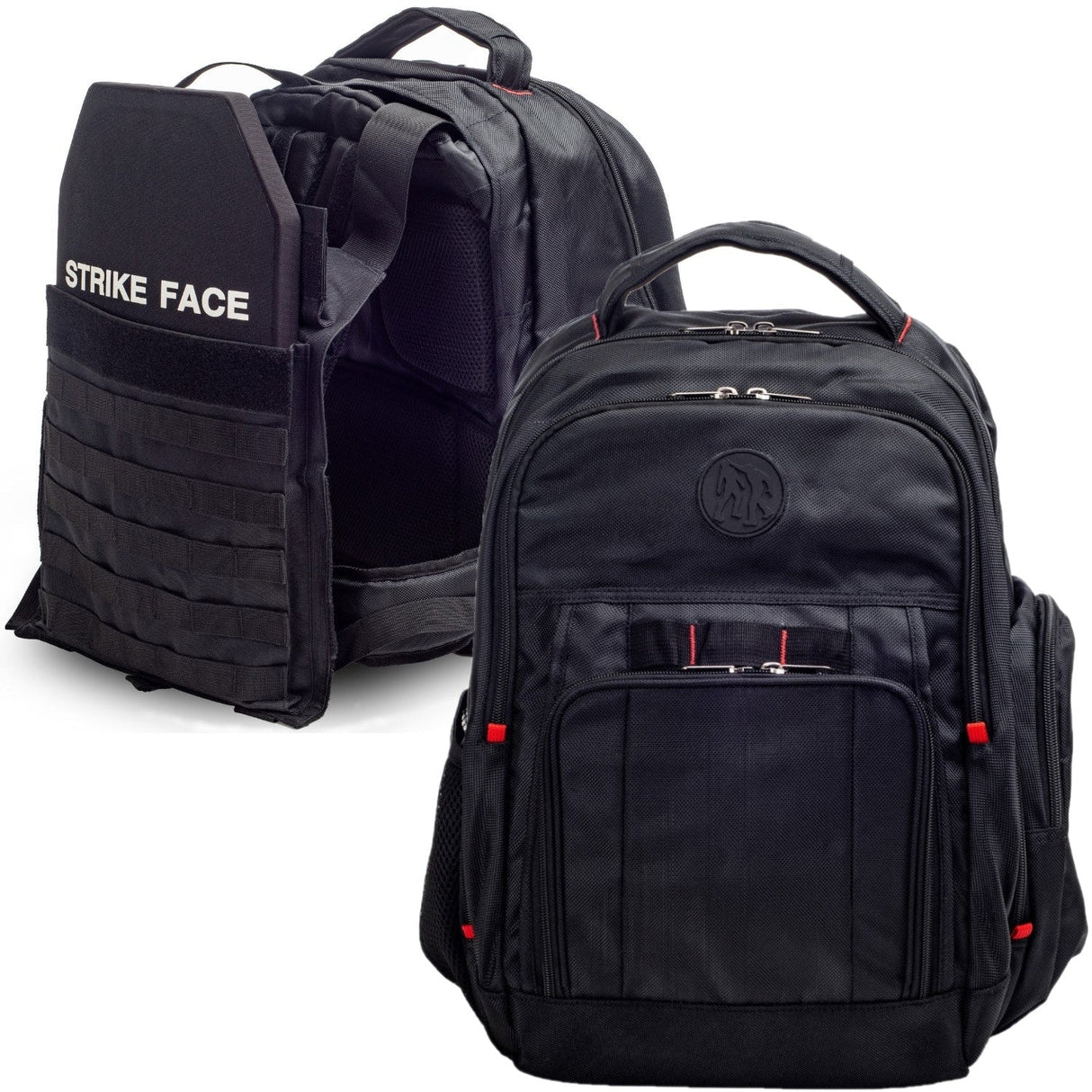 2 Bodyguard Switchblade Level III Bulletproof Backpacks, the other one showing the Bulletproof vest inside