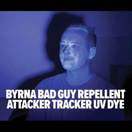 Image showing a man sprayed with Byrna® Bad Guy Repellent Pepper Spray in a face illustrating its UV marking dye