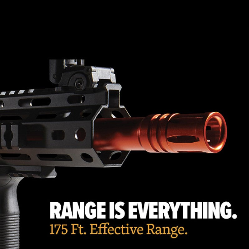 Close-up of Byrna Mission-4 Non-Lethal CA Legal Kinetic Rifle with an orange muzzle tip and text reading “Range is everything. 175 ft effective range.”