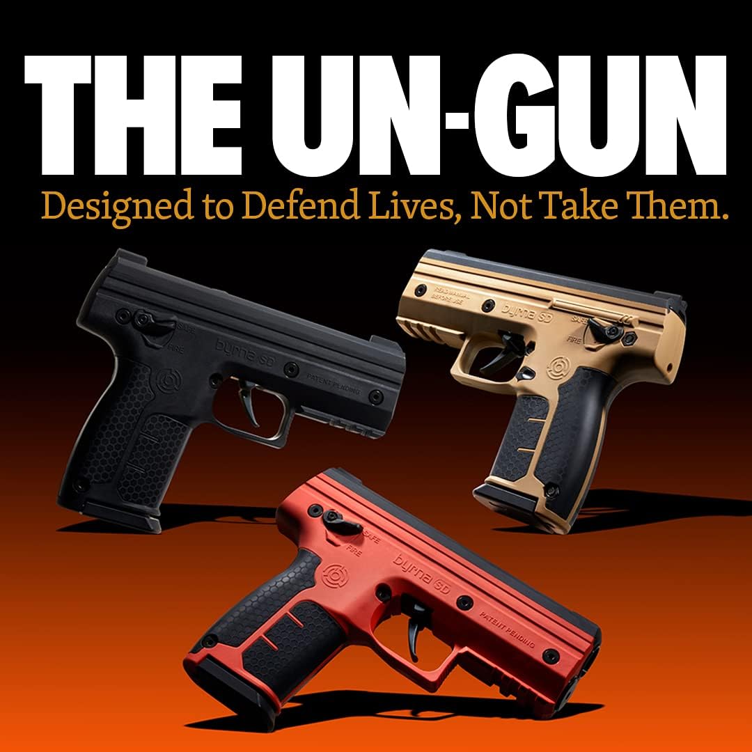 Promotional graphic showing different colors of Byrna SD Kinetic Non-Lethal CA Legal Projectile Gun with the headline: THE UN-GUN
