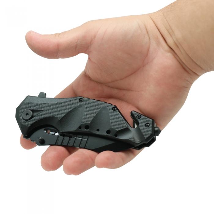 a hand carrying a closed Black 3.75" Stainless Steel EDC Tactical Folding Pocket Knife by ElitEdge
