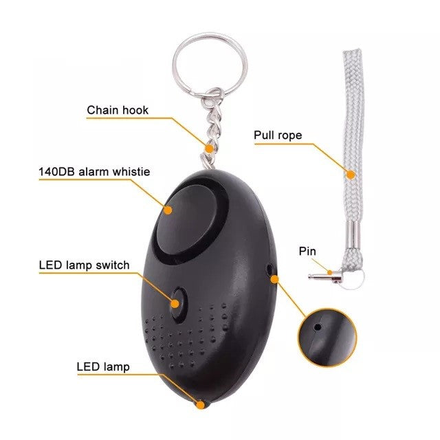 Crow Alert LED Personal Panic Alarm showing labeled parts, including a chain hook, pull rope with pin, 140 dB alarm button, LED lamp, and LED lamp switch