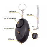 Crow Alert LED Personal Panic Alarm showing labeled parts, including a chain hook, pull rope with pin, 140 dB alarm button, LED lamp, and LED lamp switch
