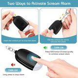 Instructional graphic of Crow Alert Rechargeable SOS LED Personal Panic Alarm 130dB showing how to trigger the device by pulling the contact pin or double-clicking the SOS button, and how to stop it by inserting the pin or long-pressing the button.