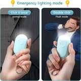Two-panel demonstration of 'Emergency lighting mode' of Crow Alert Rechargeable SOS LED Personal Panic Alarm showing how to click once for normal steady light or double-click for a strobe flash mode on the safety device.