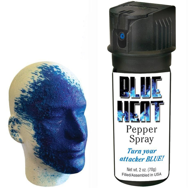 Eliminator Blue Heat Pepper Spray 2 oz. alongside a mannequin head with blue dye markings.