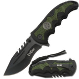 an open and closed Black 3.5" folding tactical knife by Elite Edge with an army green camouflage handle with paracord