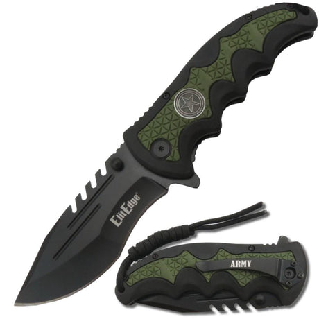 an open and closed Black 3.5" folding tactical knife by Elite Edge with an army green camouflage handle with paracord