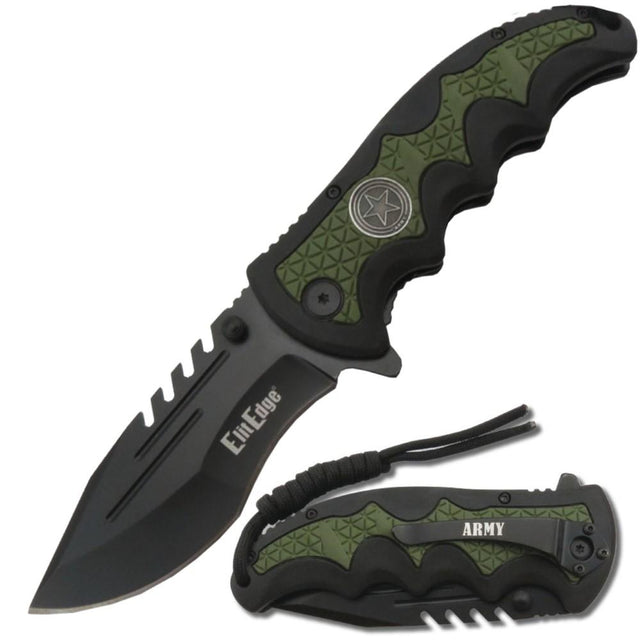 an open and closed Black 3.5" folding tactical knife by Elite Edge with an army green camouflage handle with paracord