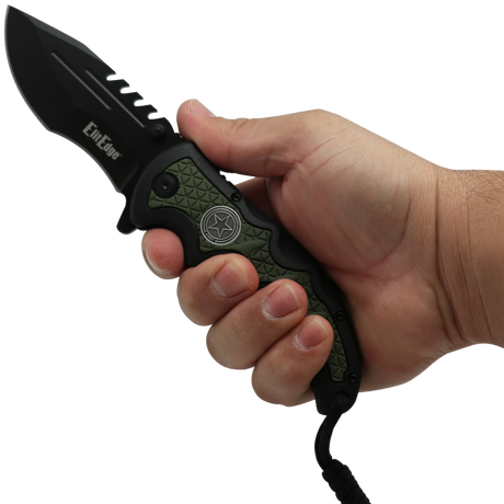 hand holding an open Black 3.5" folding tactical knife by Elite Edge with an army green camouflage handle with paracord