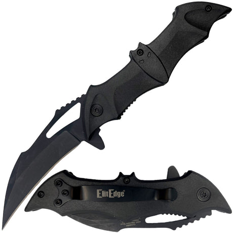 3.75" ElitEdge Bat Stainless Steel Folding Knife w/ Pocket Clip shown in both folded and open state