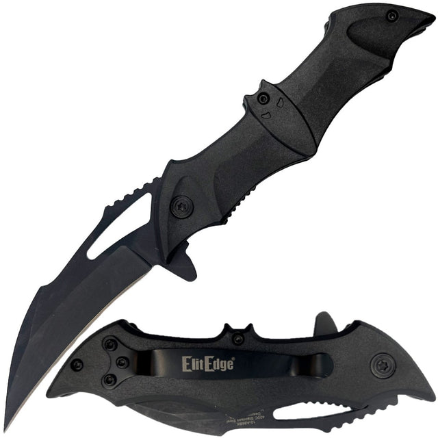 3.75" ElitEdge Bat Stainless Steel Folding Knife w/ Pocket Clip shown in both folded and open state
