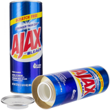 Two blue Ajax cleanser cans designed as diversion safes, with one standing upright and the other lying down with its bottom unscrewed to reveal a hidden storage compartment.