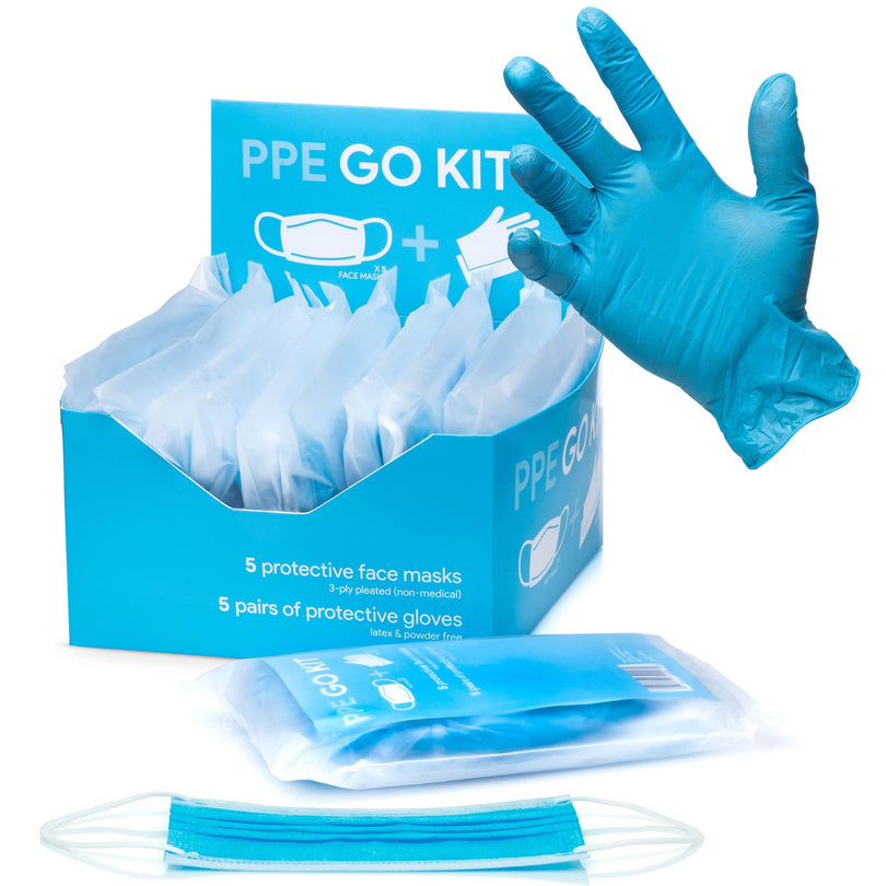 PPE Go-Kit Pack 5 Face Masks & 5 Pairs of Gloves In Each Pouch