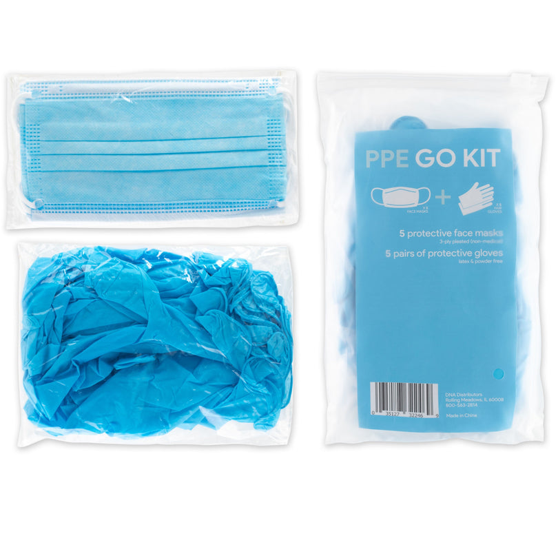 PPE Go-Kit Pack 5 Face Masks & 5 Pairs of Gloves In Each Pouch