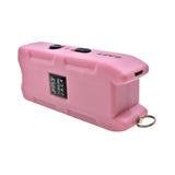 A pink JOLT J.A.C.K. stun gun featuring controls on the side and a keyring loop on the bottom