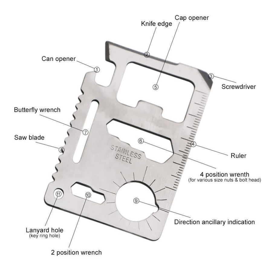 11-in-1 Stainless Steel Credit Card Survival Knife Pocket Tool diagram of tool